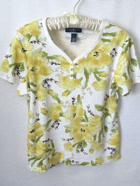 Karen Scott Petites yellow white floral V-neck short sleeve t-shirt *Sz PL*